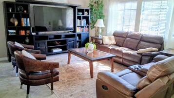 TV connectée, cheminée, lecteur de DVD, livres