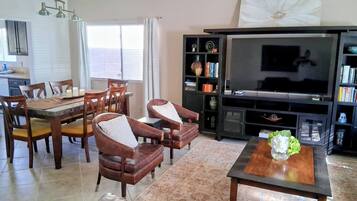 TV connectée, cheminée, lecteur de DVD, livres