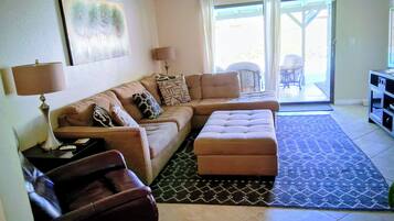 TV connectée, cheminée, lecteur de DVD, livres