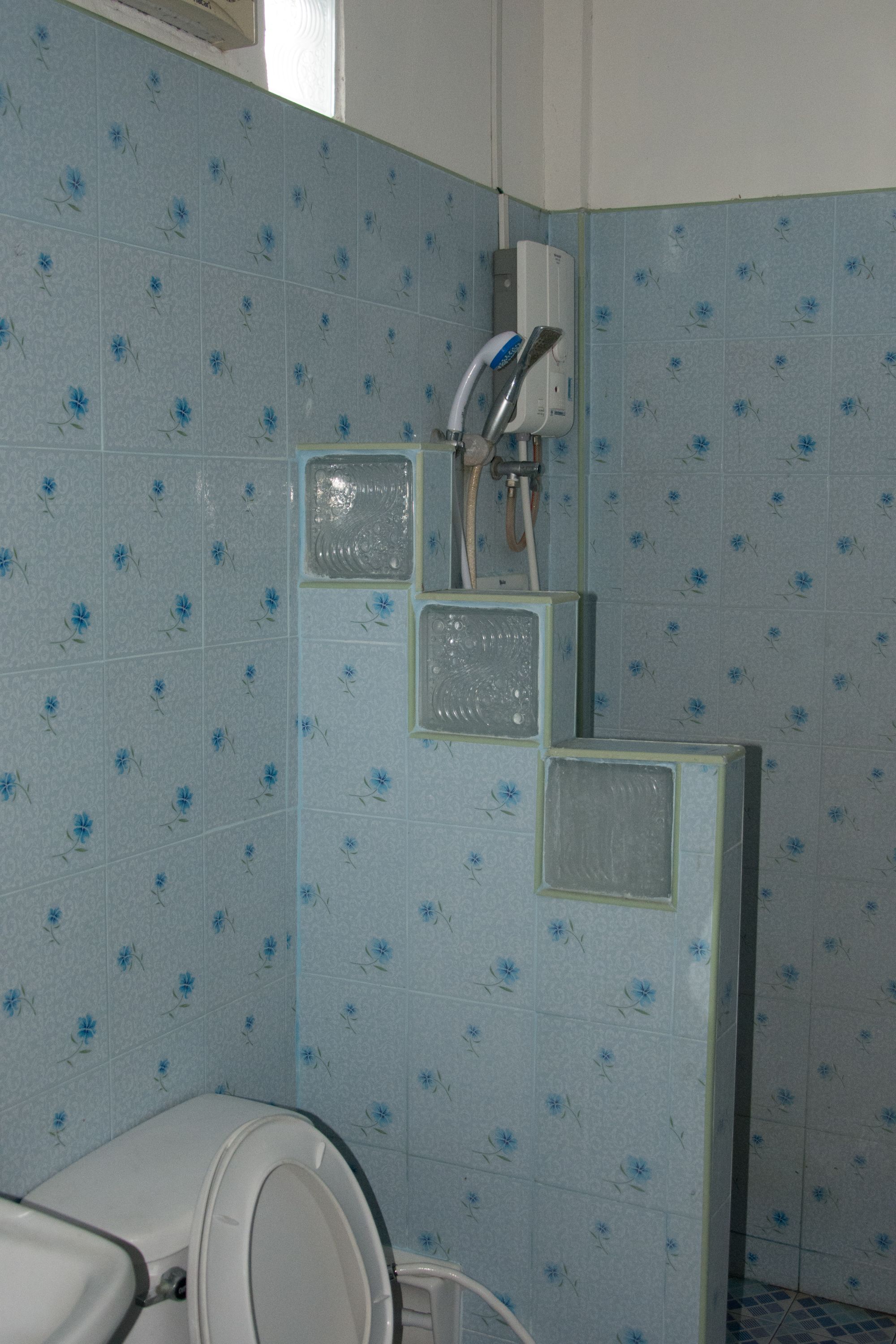 Un baño con azulejos florales azules, un inodoro y una zona de ducha con cabina de vidrio.
