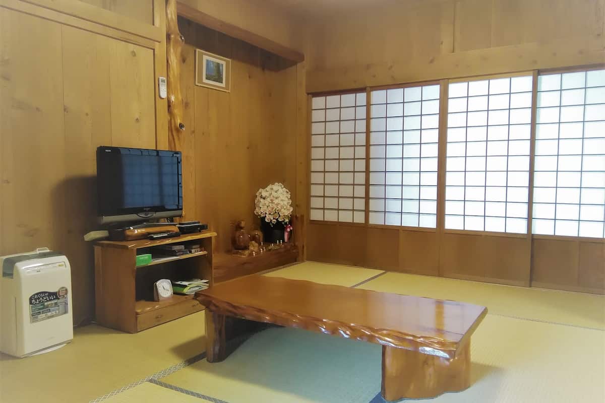 A tatami mat room with a television, a small refrigerator, and a decorative vase.