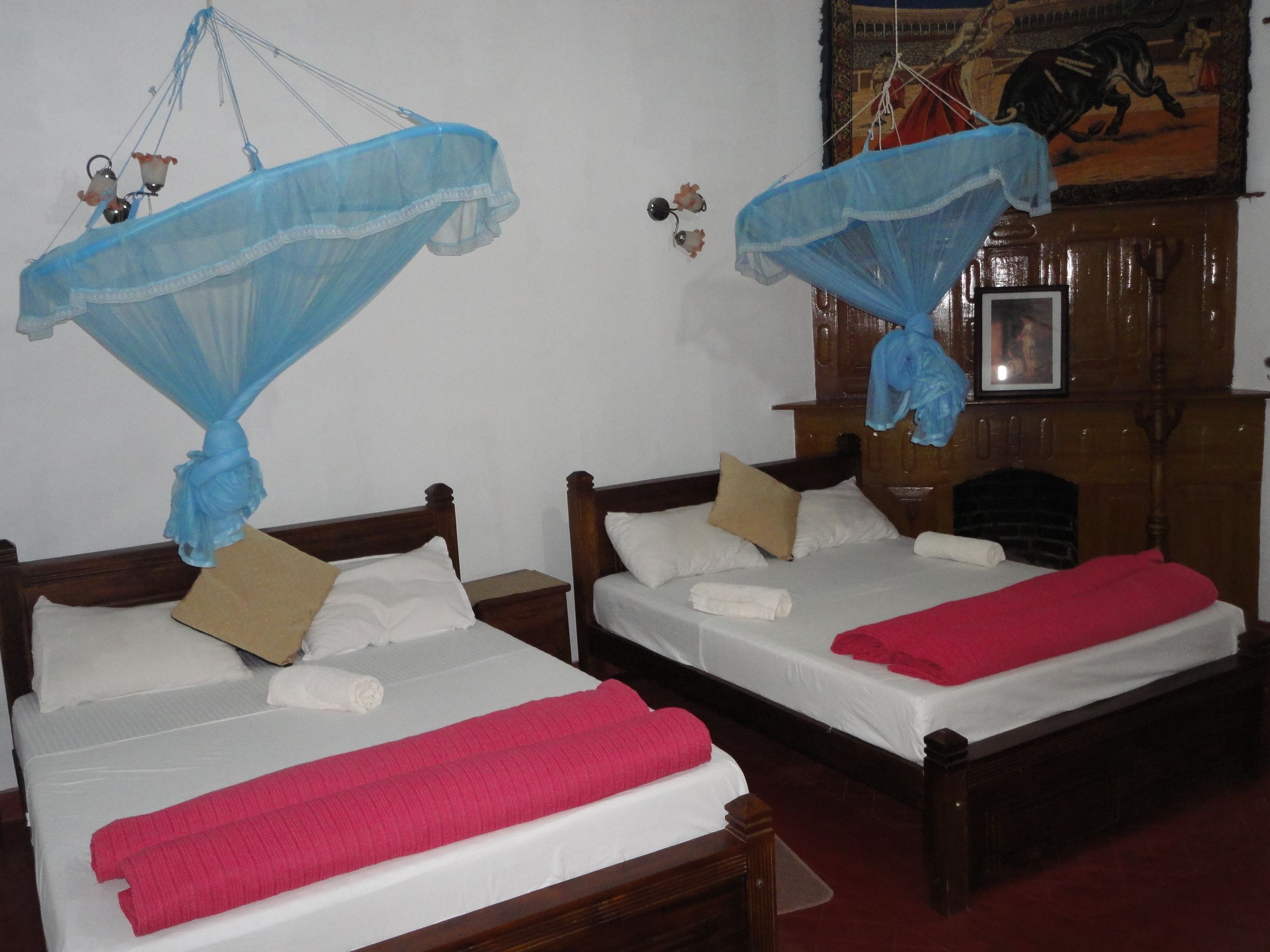 Two wooden beds with white linens and pink towels, each with a blue mosquito net.