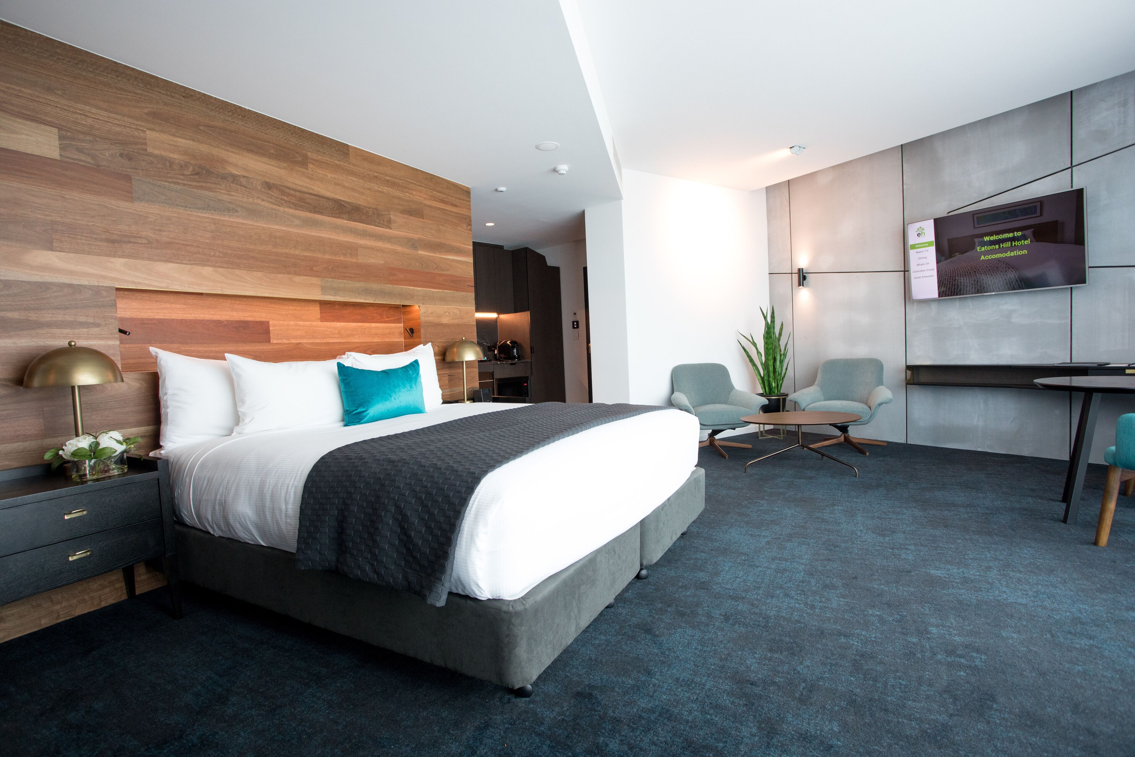 A modern hotel room with a large bed, a desk, and a TV.