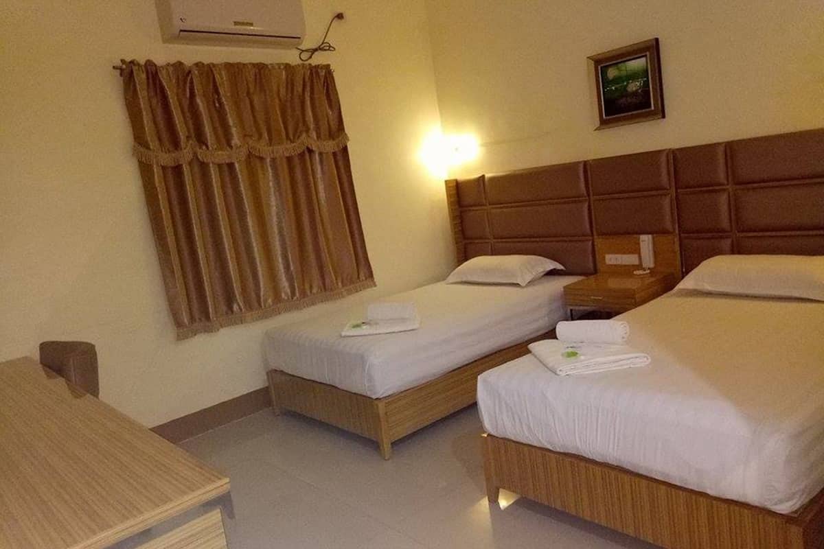Habitación de hotel con dos camas individuales, cabecero de madera, escritorio, silla, aire acondicionado de pared y un cuadro en la pared.