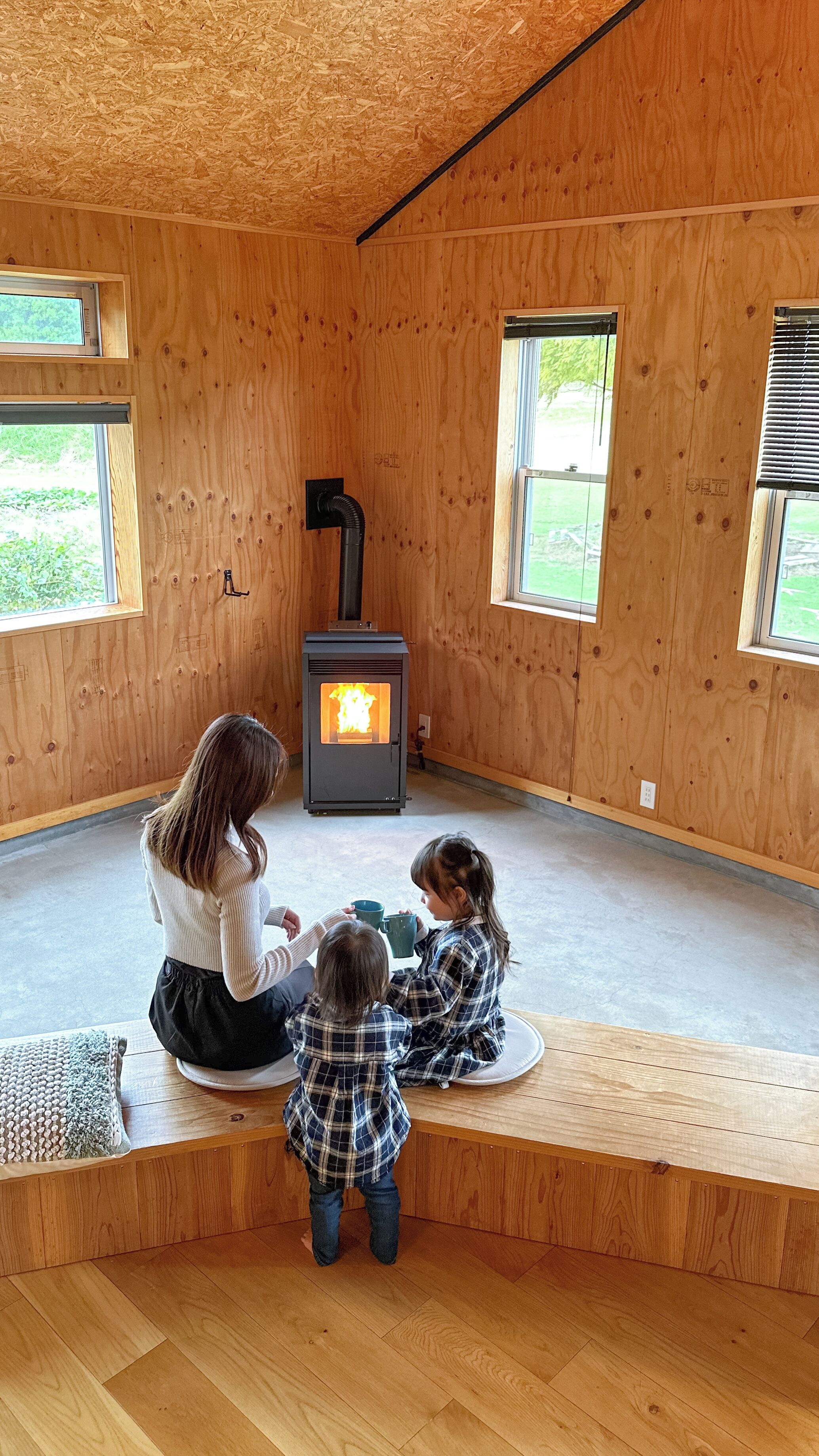 A room with a wood-paneled interior, a wood-burning stove, and large windows.