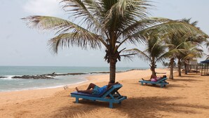 Une plage avec deux chaises longues bleues sous des palmiers, une étendue de sable et l’océan en arrière-plan.
