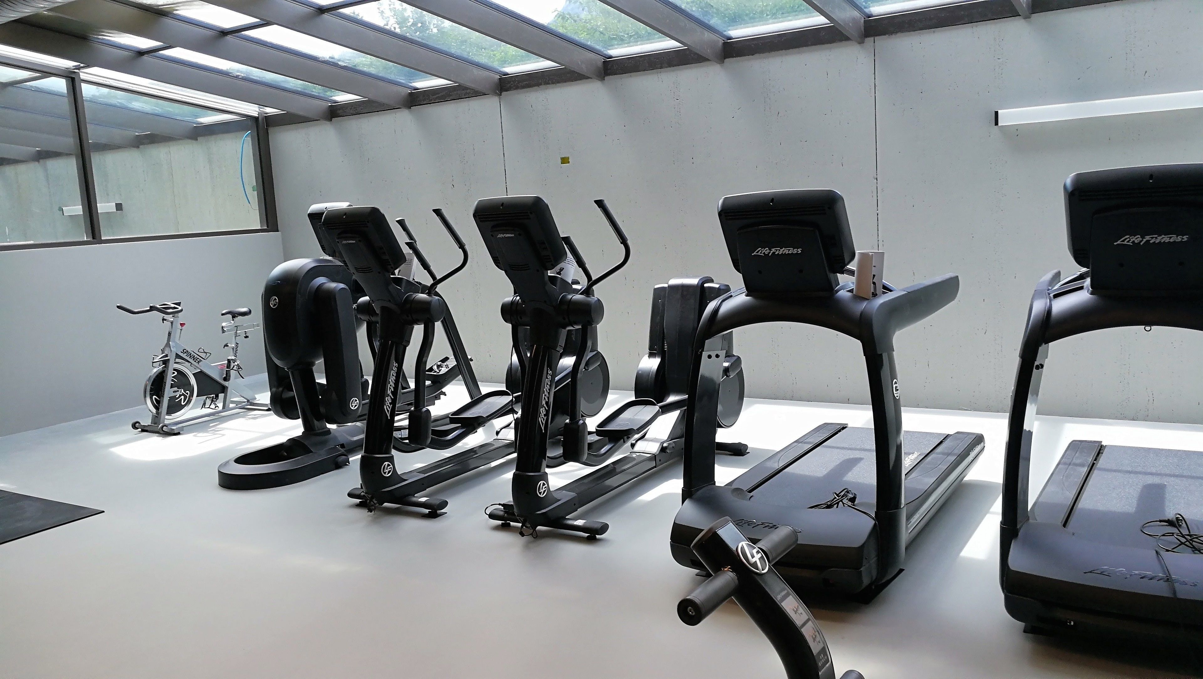Un gimnasio con diversos equipos de ejercicio, incluyendo cintas de correr, elípticas y bicicletas estáticas.