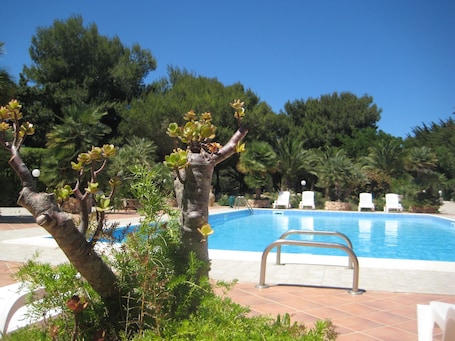 Seasonal outdoor pool, open 8 AM to 7 PM, sun loungers
