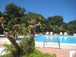 Una piscina al aire libre de temporada, sillones reclinables de piscina