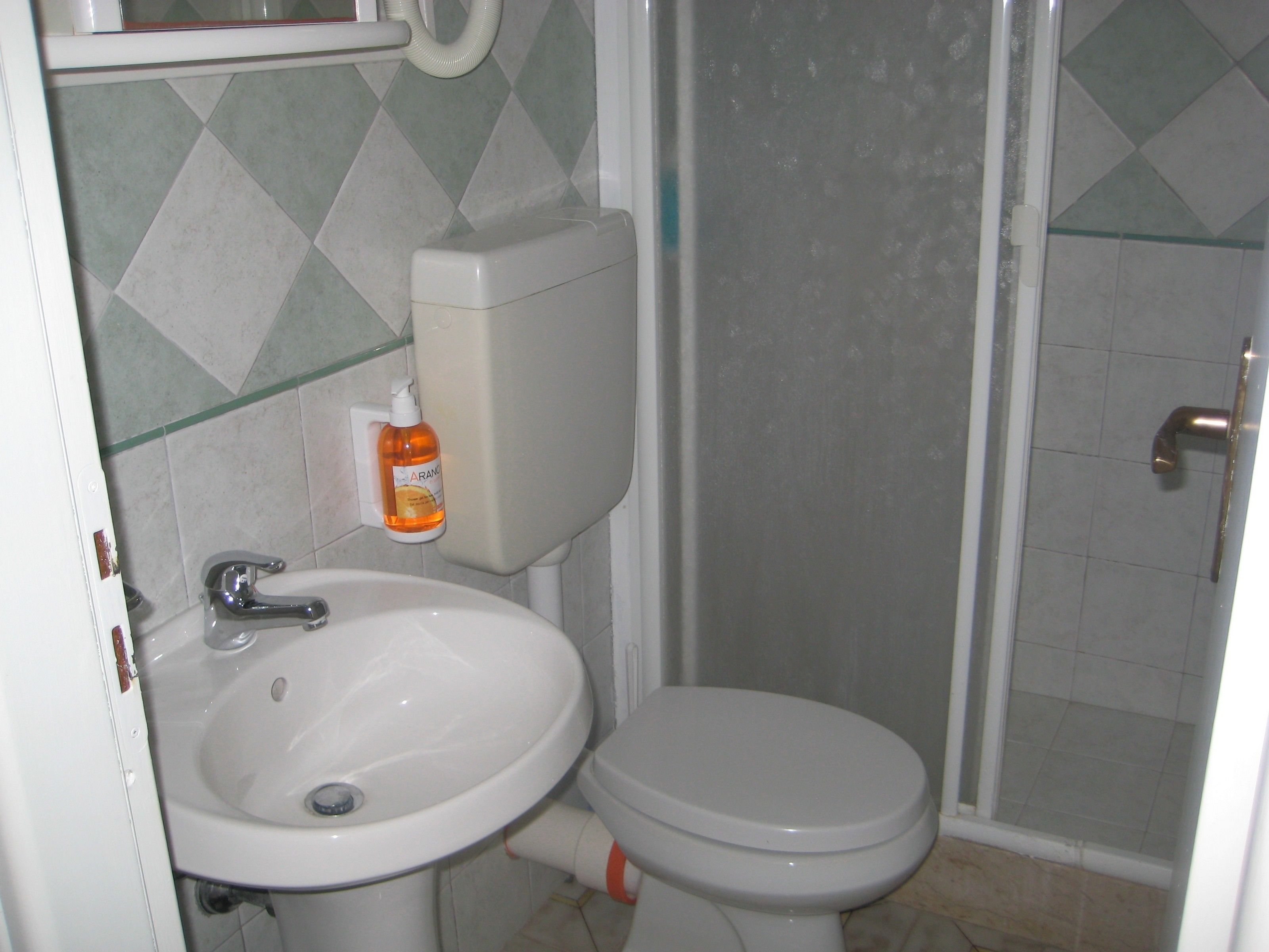 A bathroom with a toilet, sink, and shower.
