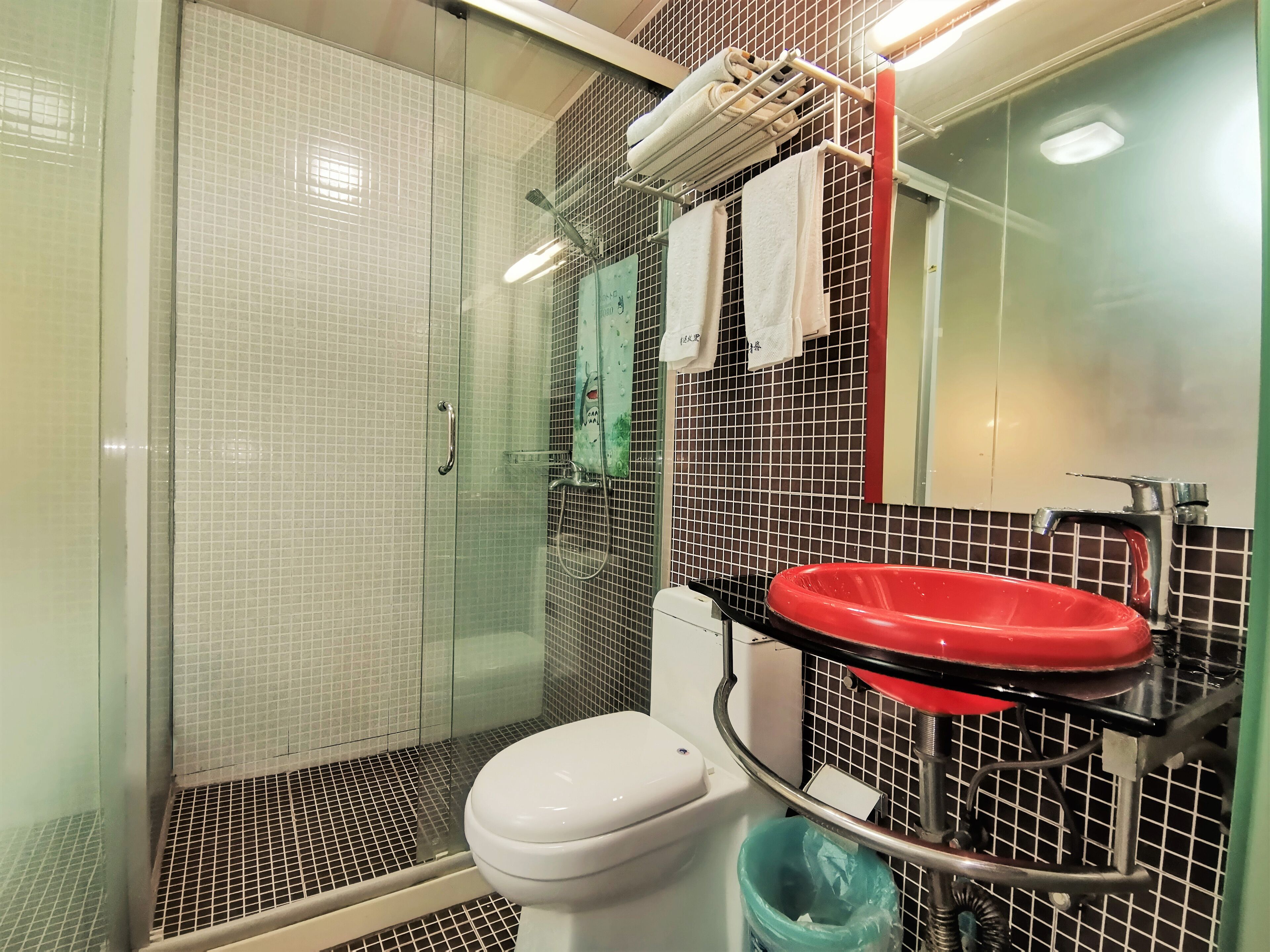 Un bagno con doccia vetro, water bianco e lavandino rosso.