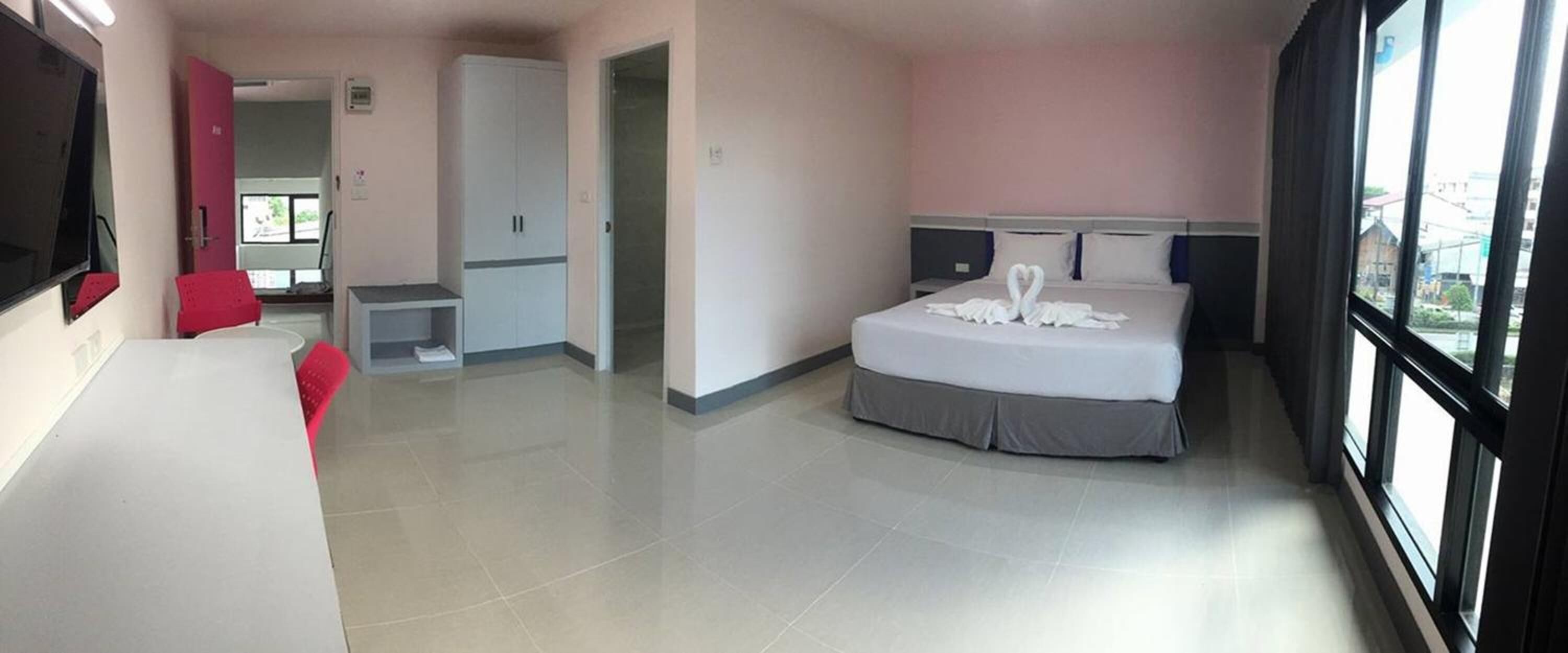 desk, blackout curtains, free wifi