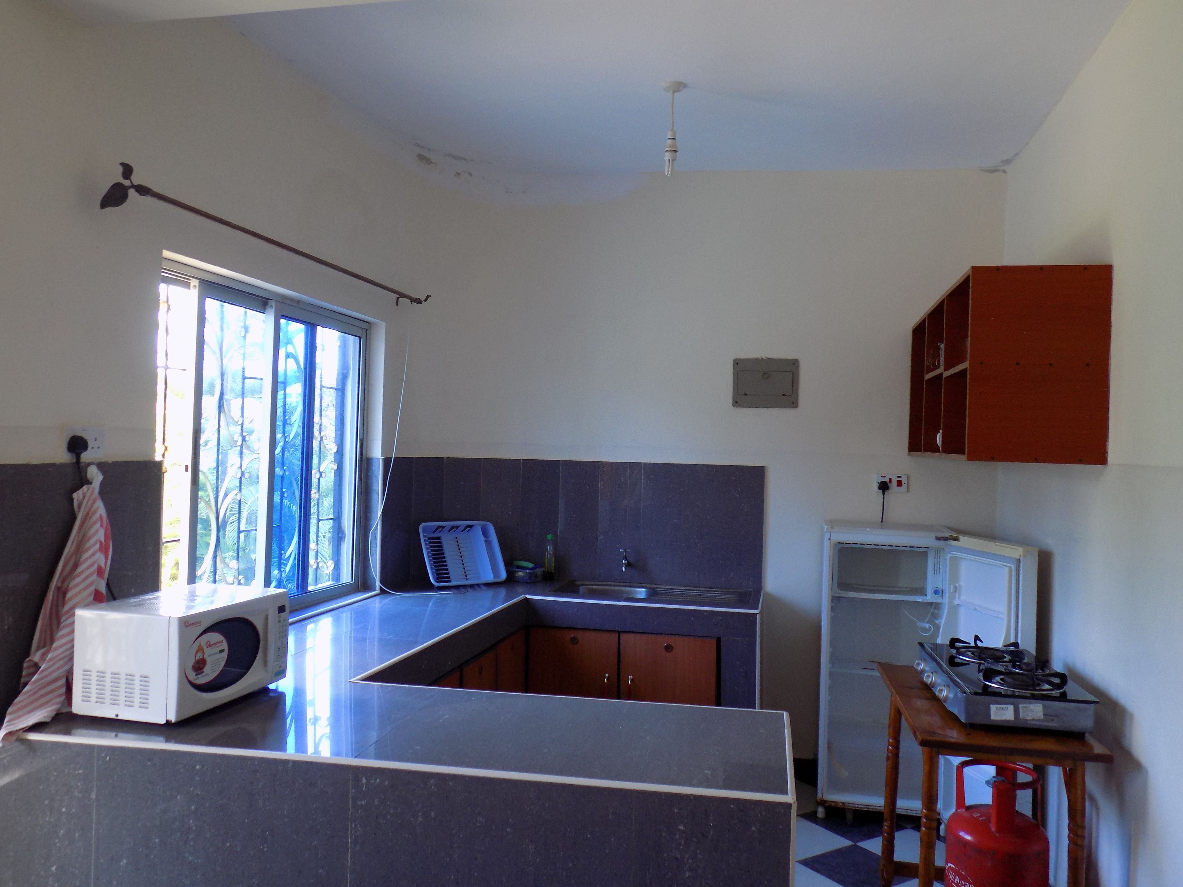 A compact kitchen with a microwave, a gas stove, and a refrigerator. There's a window providing natural light and a view of greenery outside.