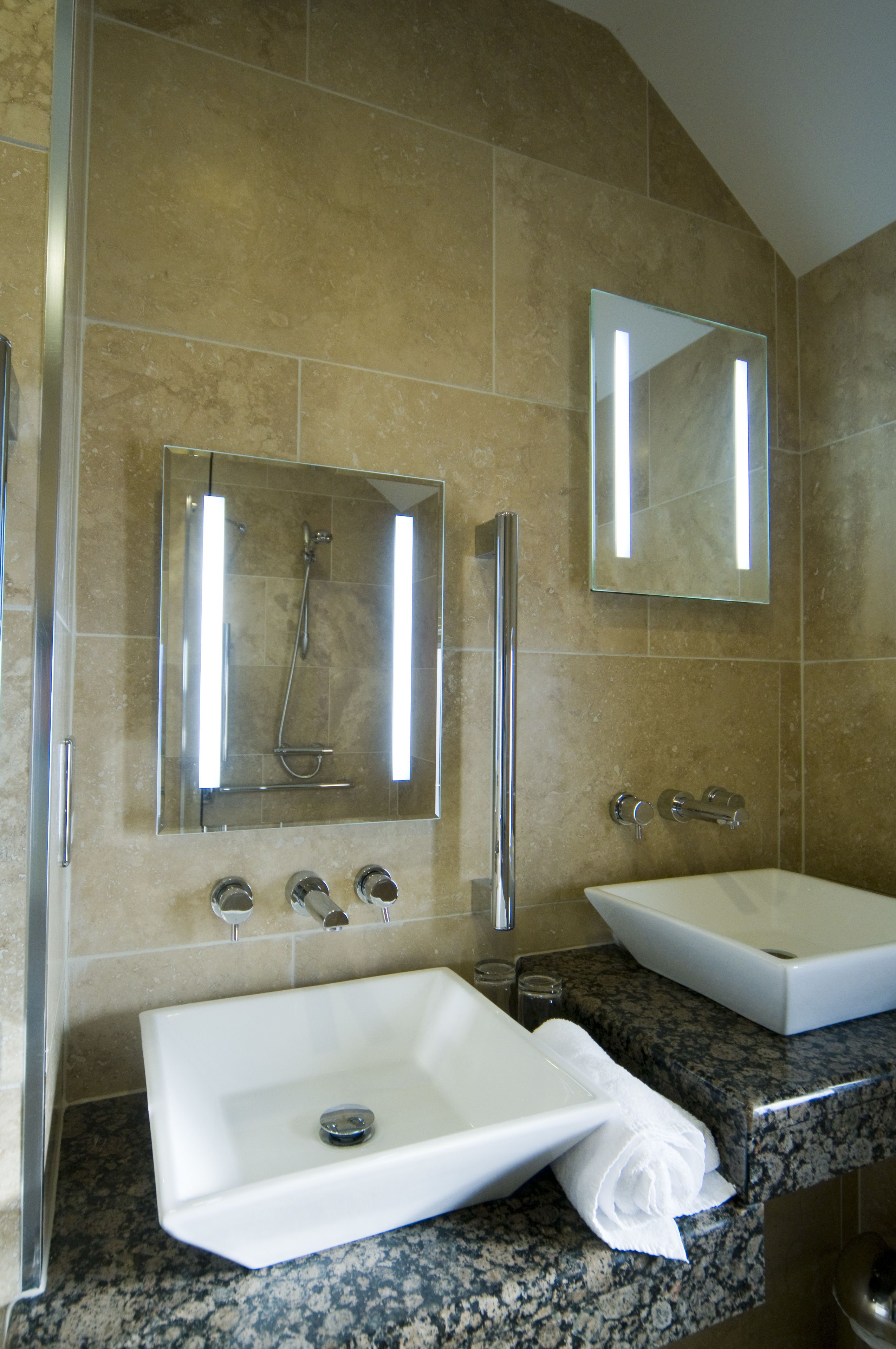 combined shower/bathtub, free toiletries, hair dryer, bathrobes