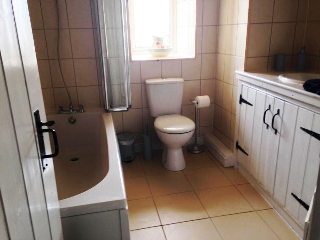 A bathroom with a toilet, a bathtub, and a window.