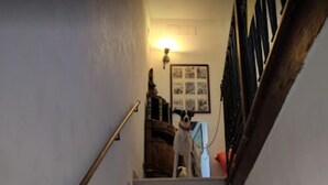 A staircase with a handrail, leading to a landing with a framed picture and a light fixture. - Albergo Antico Capon (Venice)