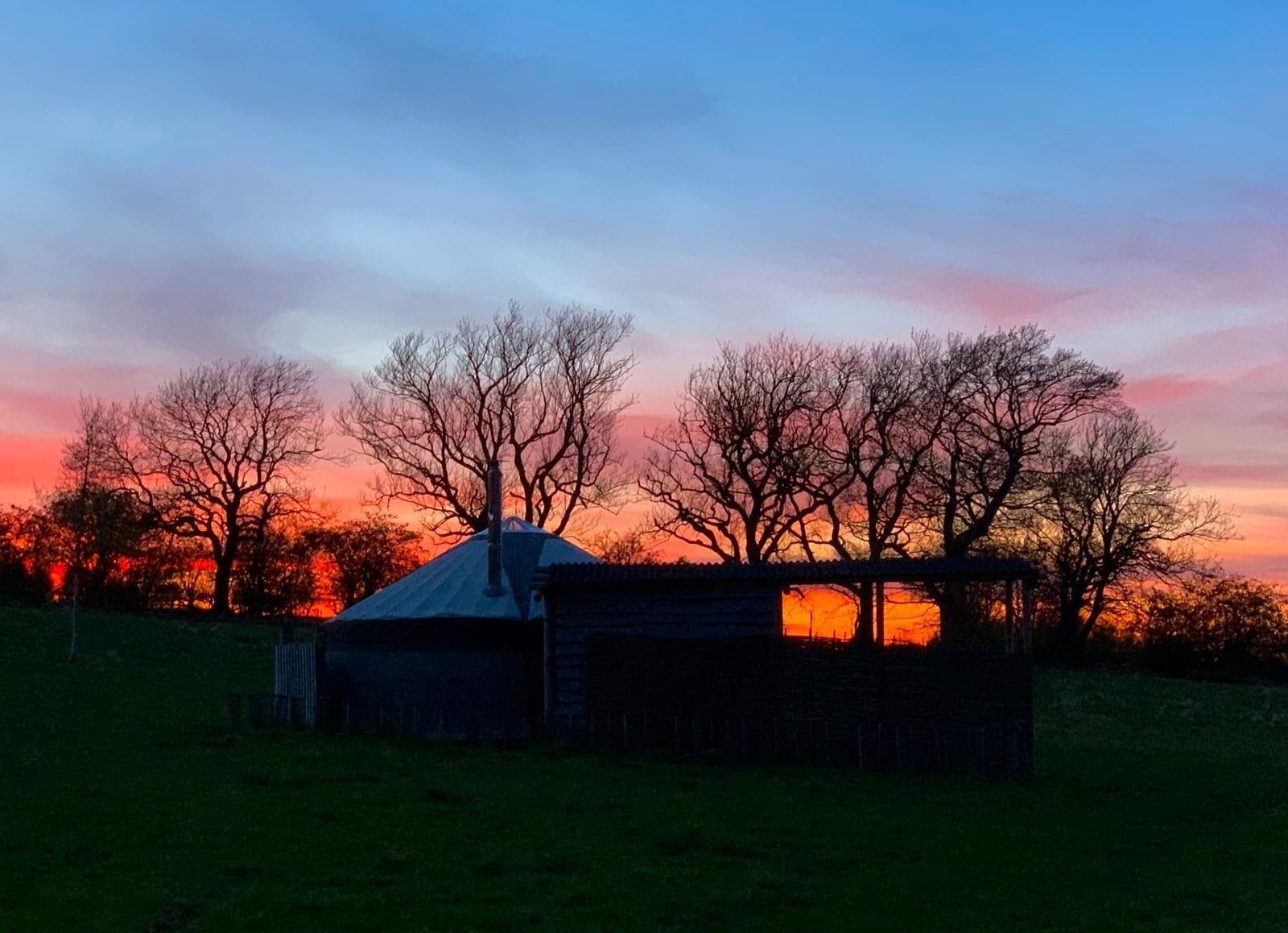 A rural landscape with a small building, possibly a barn or shed, surrounded by trees and a field.