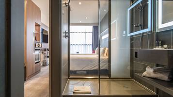 Shower, hydromassage showerhead, eco-friendly toiletries, hair dryer