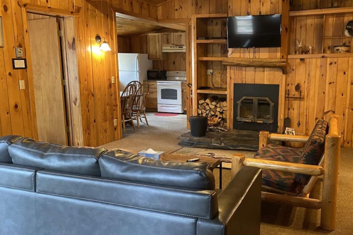 A cozy cabin interior with a leather sofa, wooden chairs, a television, a fireplace, and a kitchen area.