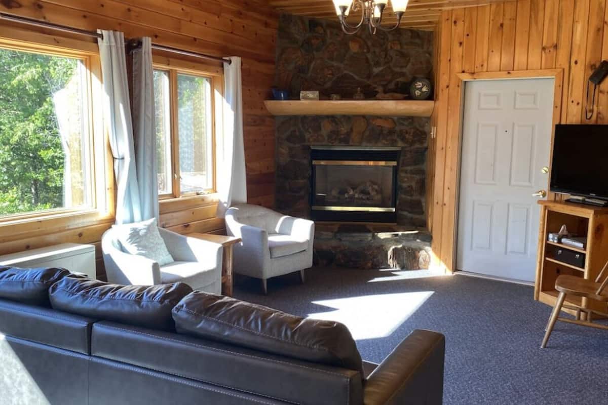 A cozy cabin interior with a stone fireplace, wooden walls, a leather sofa, and a television.