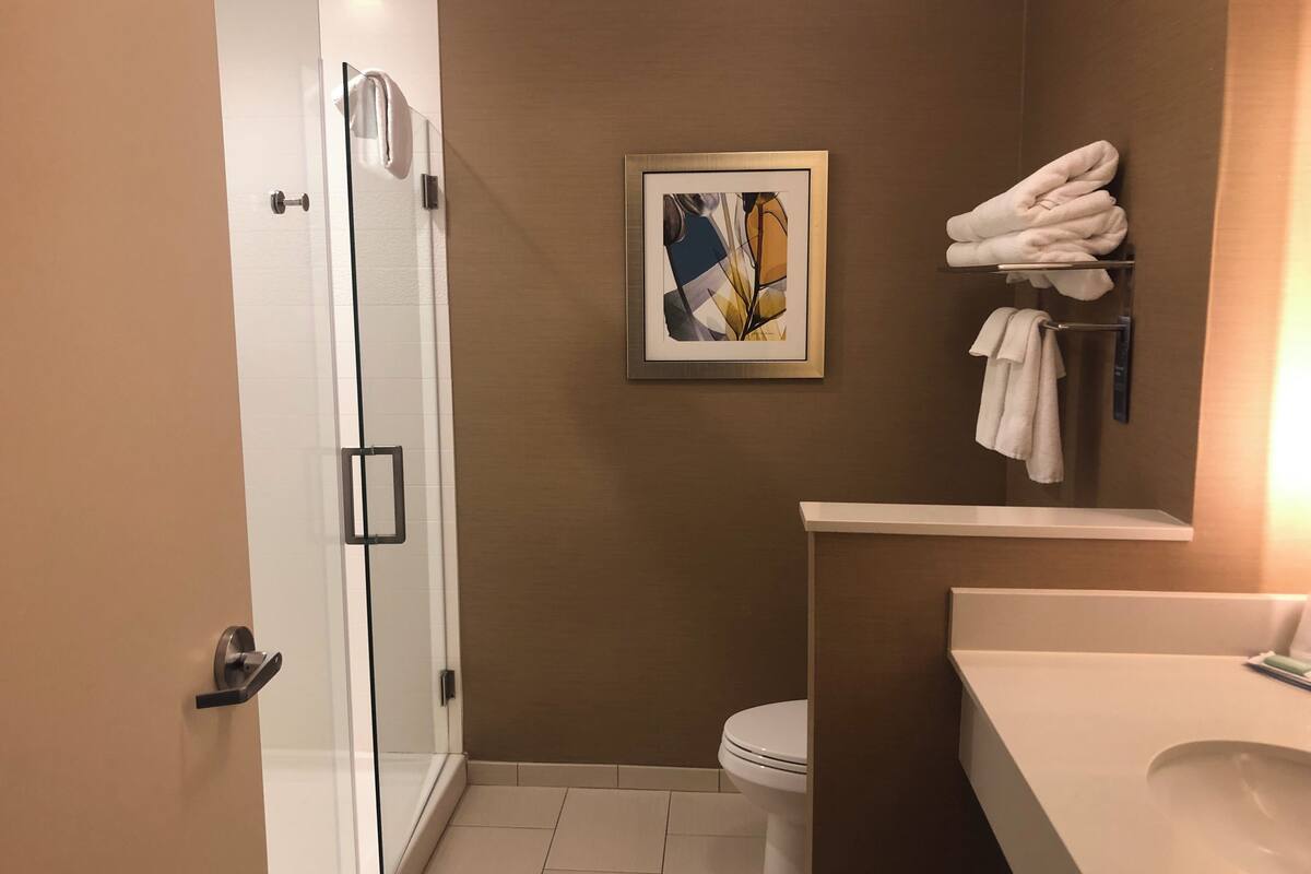 free toiletries, hair dryer, towels, soap