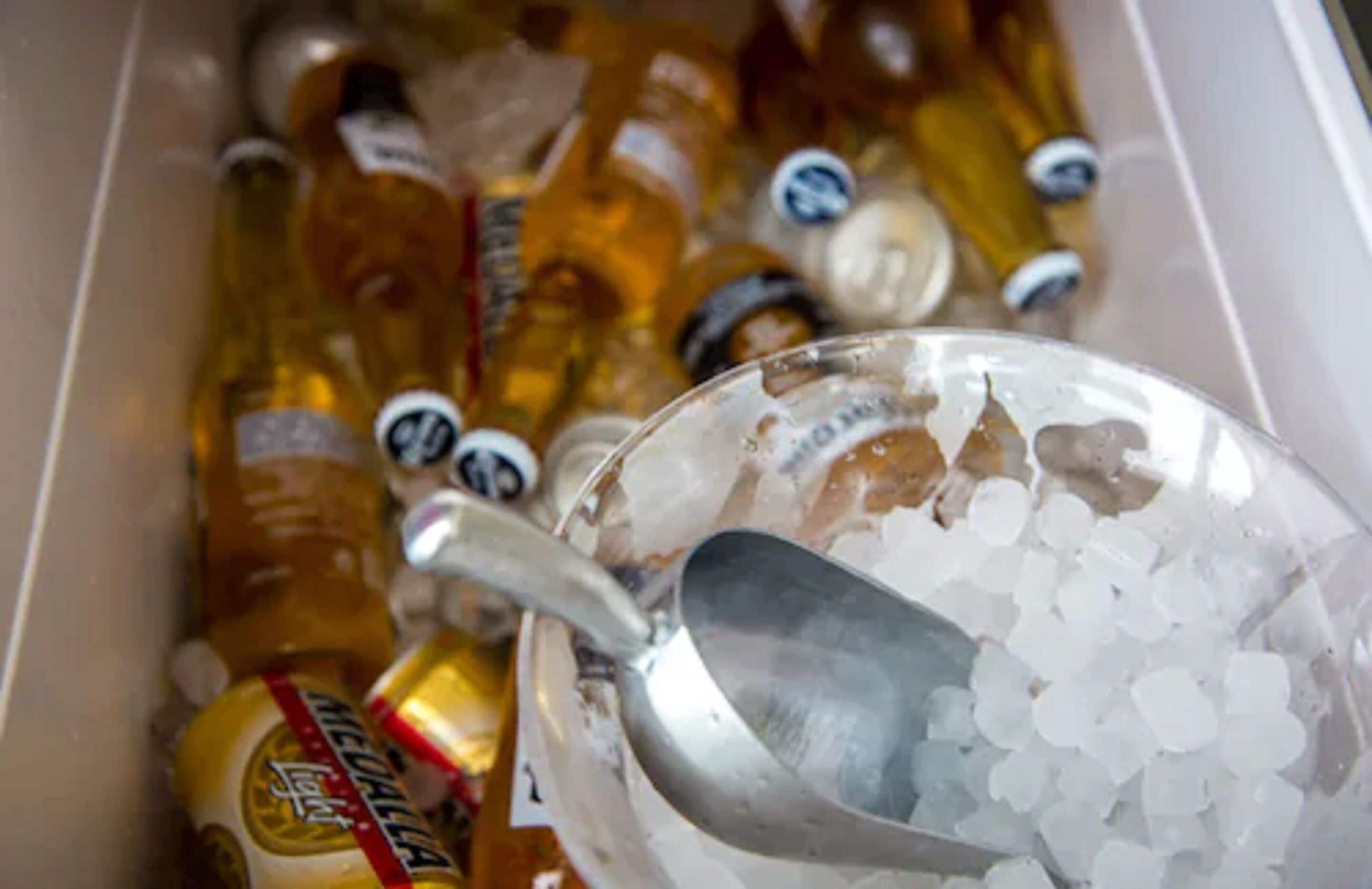 A box containing various bottles of beer and a metal scoop filled with ice.