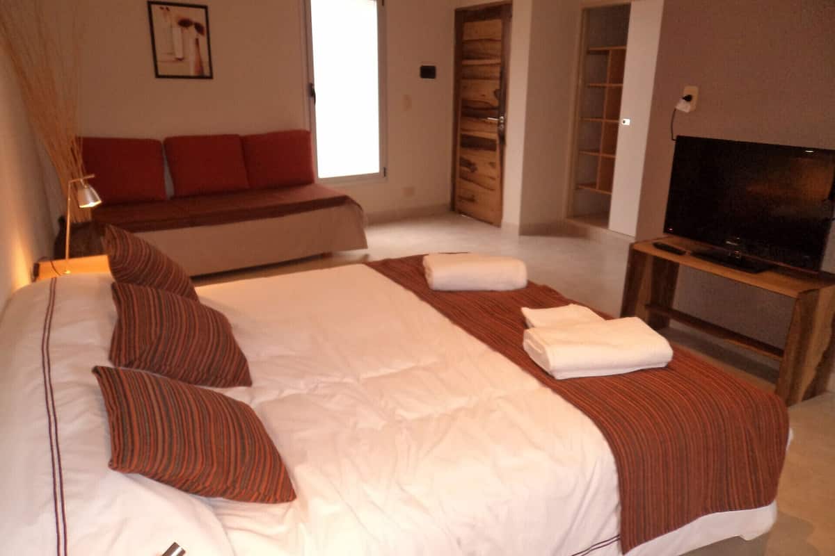 Una habitación de hotel con una cama grande, un televisor y un armario.