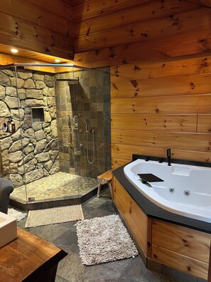 Shower, jetted bath, hair dryer, towels