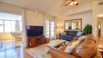 Smart TV, fireplace, books, stereo