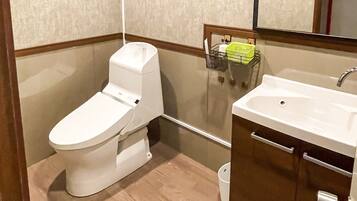 A bathroom with a white toilet, a sink, and a mirror.