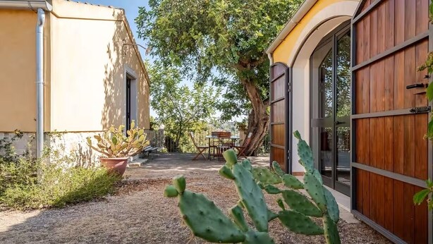 A courtyard with a cactus, a wooden door, and a table with chairs.