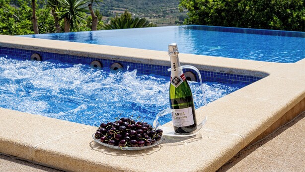 A poolside setting with a bottle of wine and a bowl of grapes. - quiet farm to relax 1km from Son Macia (SON MACIA      MANACOR)