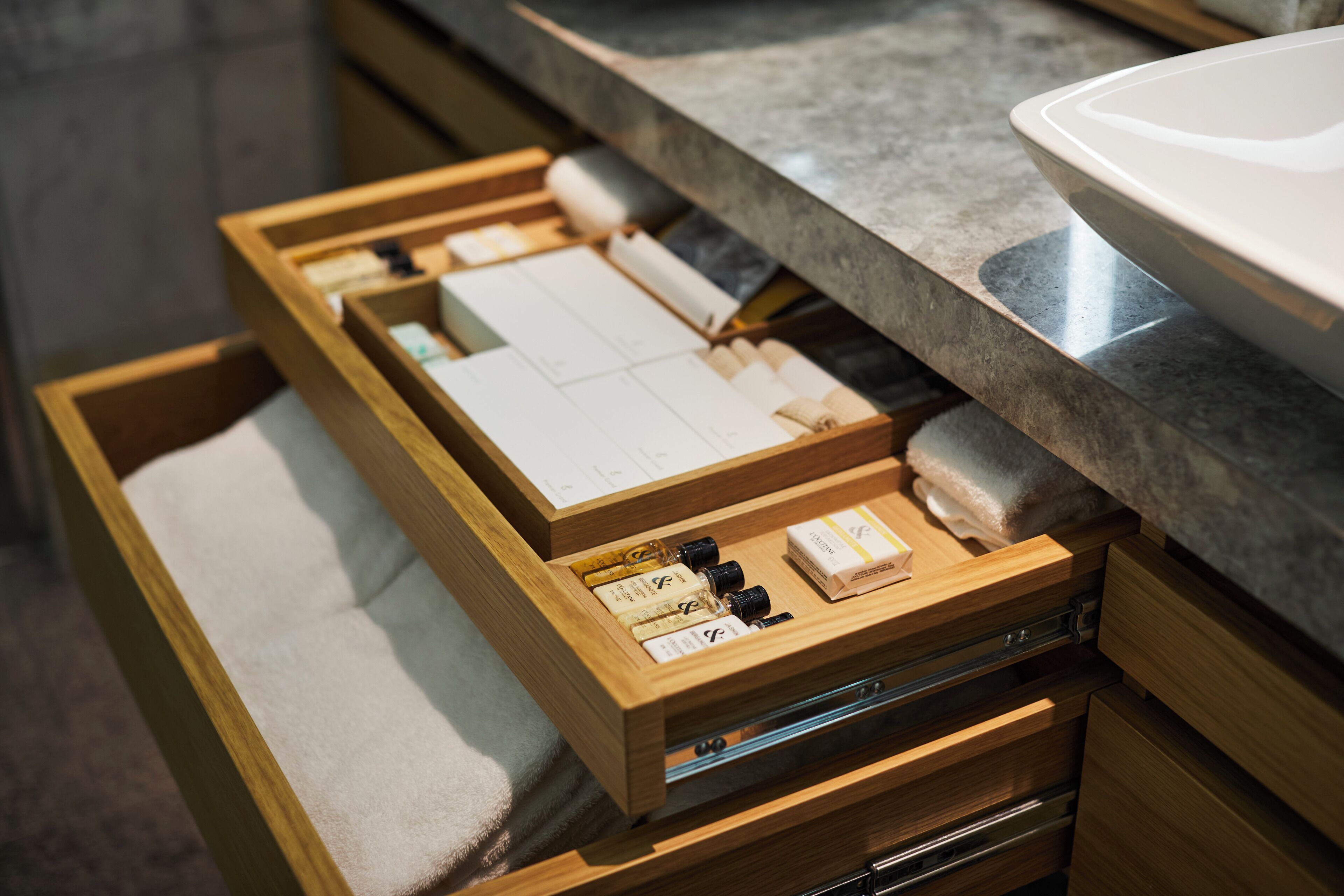 separate bathtub and shower, deep-soaking bathtub, designer toiletries