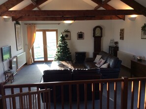 Smart TV, fireplace, DVD player, books