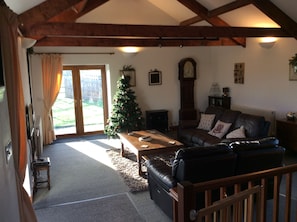 智能电视、壁炉、DVD 播放器、书