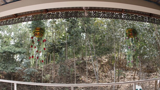 A covered outdoor area with a white railing, hanging lanterns, and dense foliage in the background.
