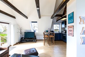 TV, DVD player, books, video library