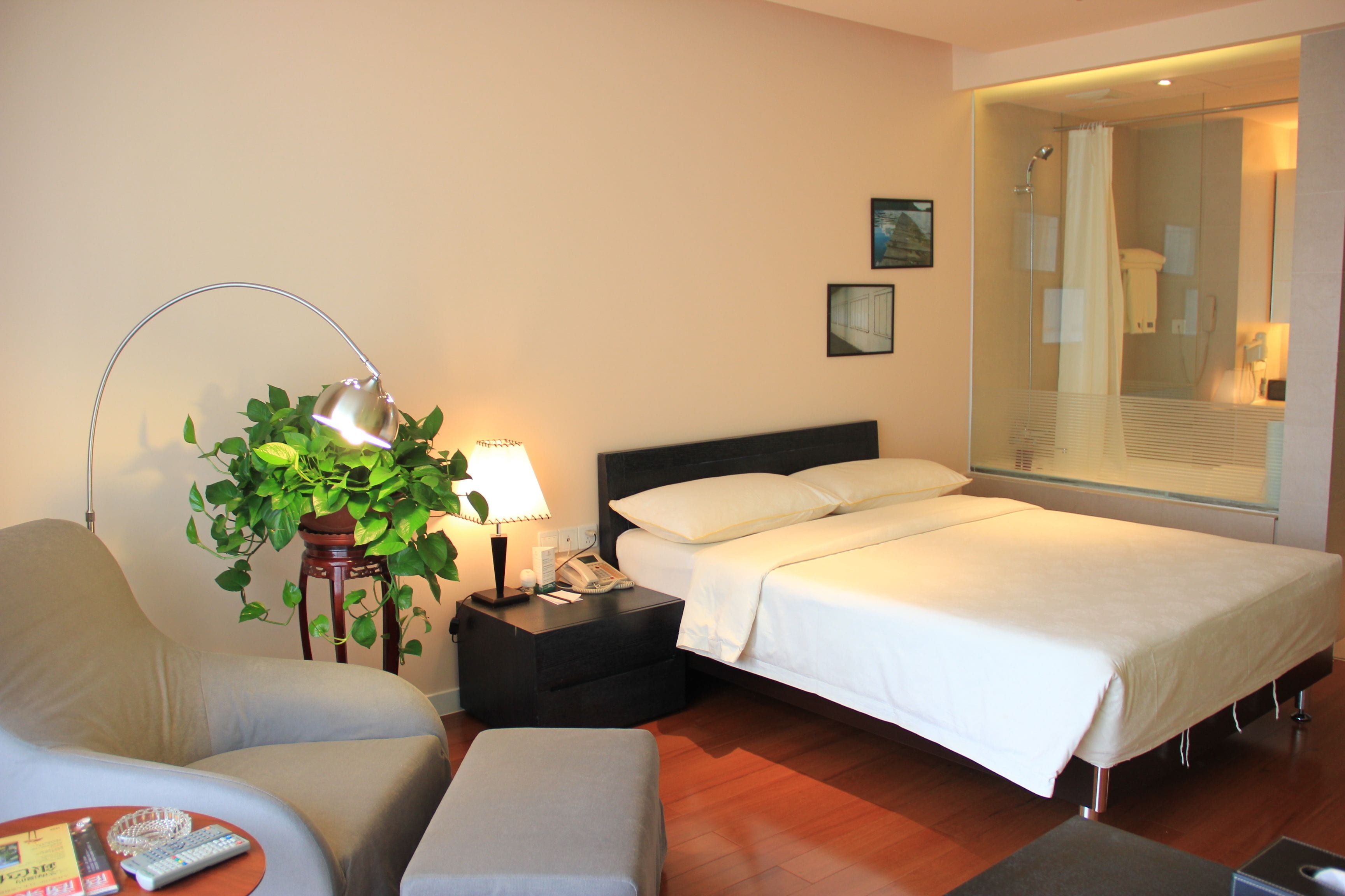 Habitación de hotel con cama, una silla, mesita de noche con lámpara y planta, y ventana con vistas al exterior.