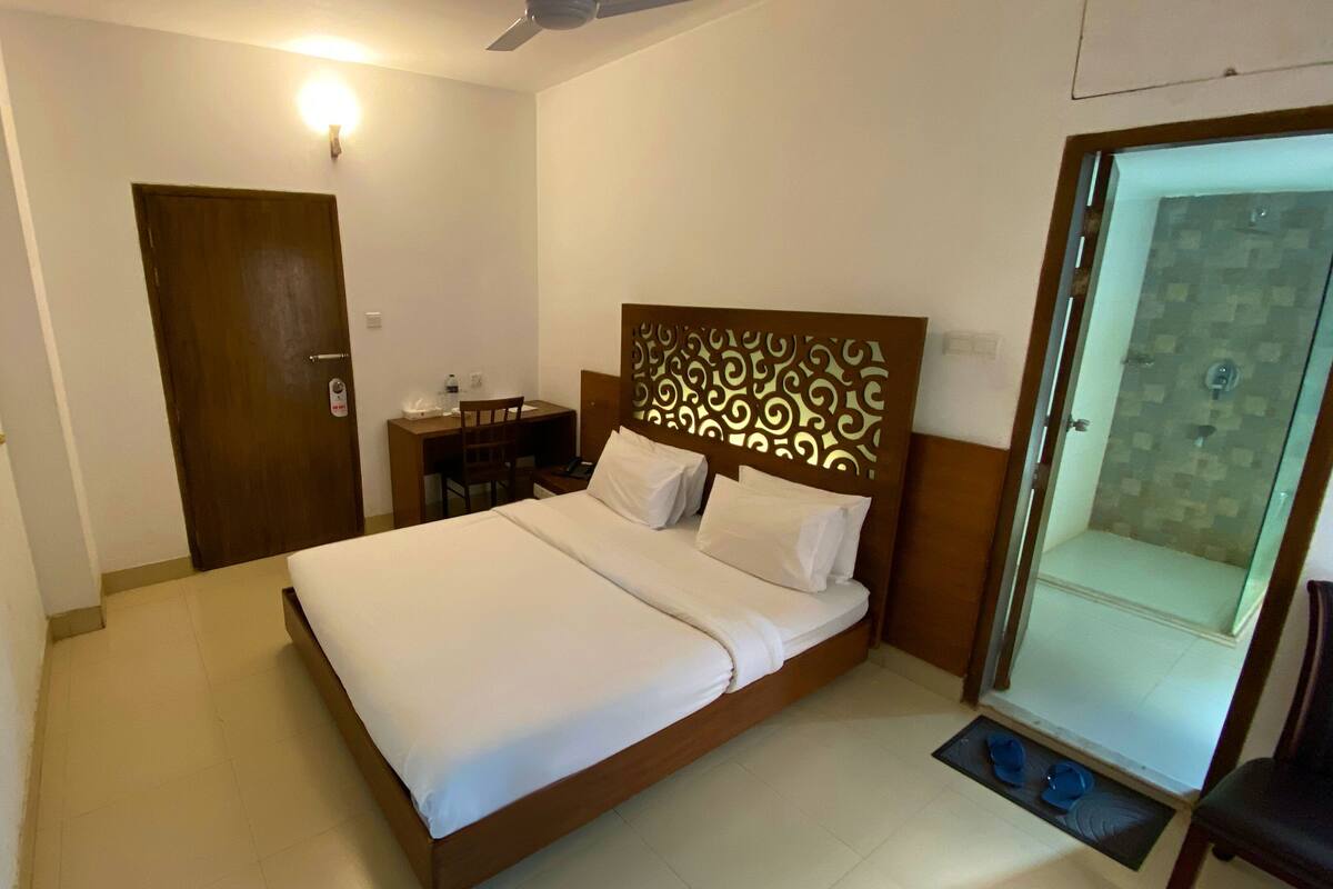 Habitación de hotel con cama, escritorio, silla, televisor, ducha y puerta.