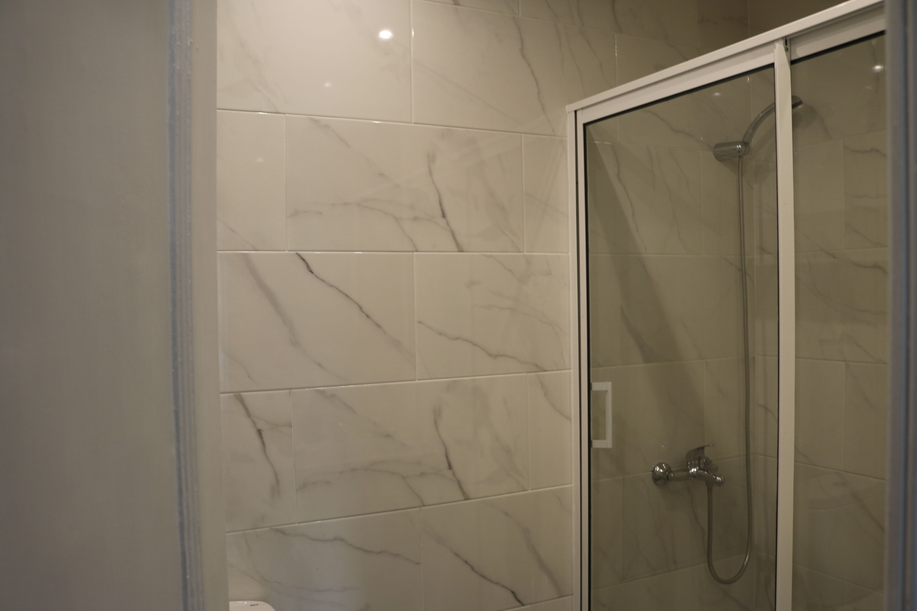 Shower, hair dryer, towels, toilet paper