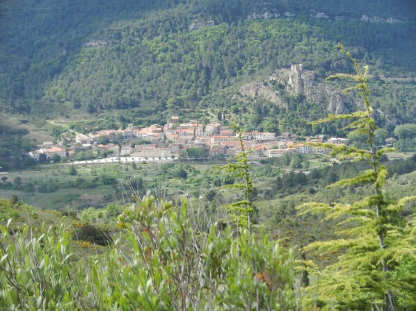 A village with traditional architecture nestled in a valley, surrounded by forested hills.