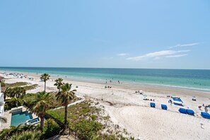 A beach with clear skies, a pool, and palm trees.