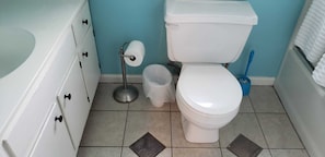 Combined shower/bathtub, hair dryer, towels, soap