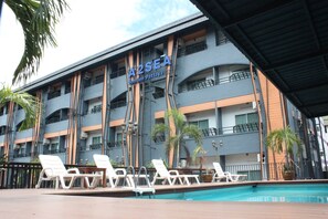 Outdoor pool, pool umbrellas, pool loungers
