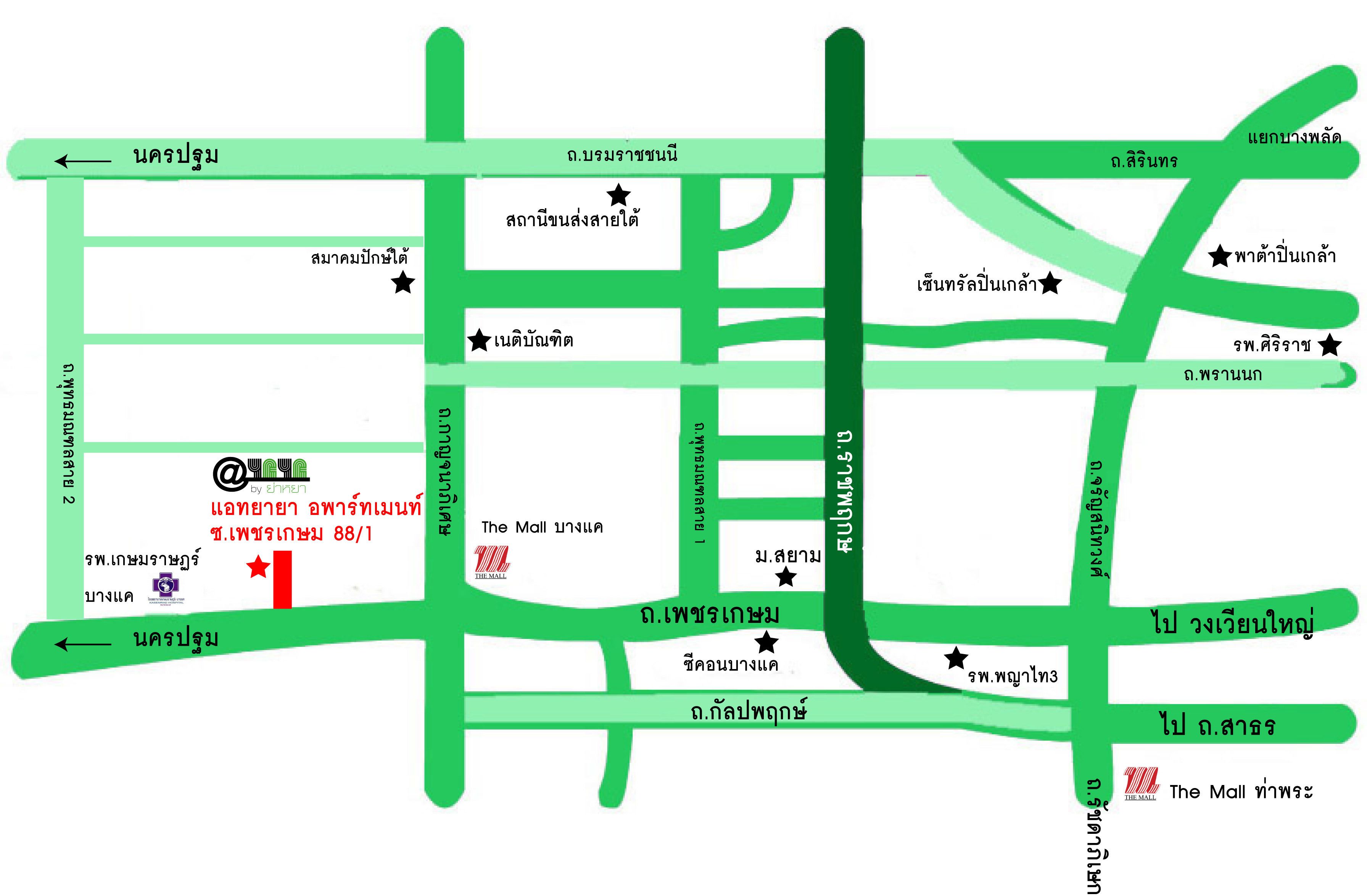 Une carte verte indiquant différents noms de rues et différents lieux, notamment une intersection importante et un bâtiment désigné sous le nom de « The Mall ».