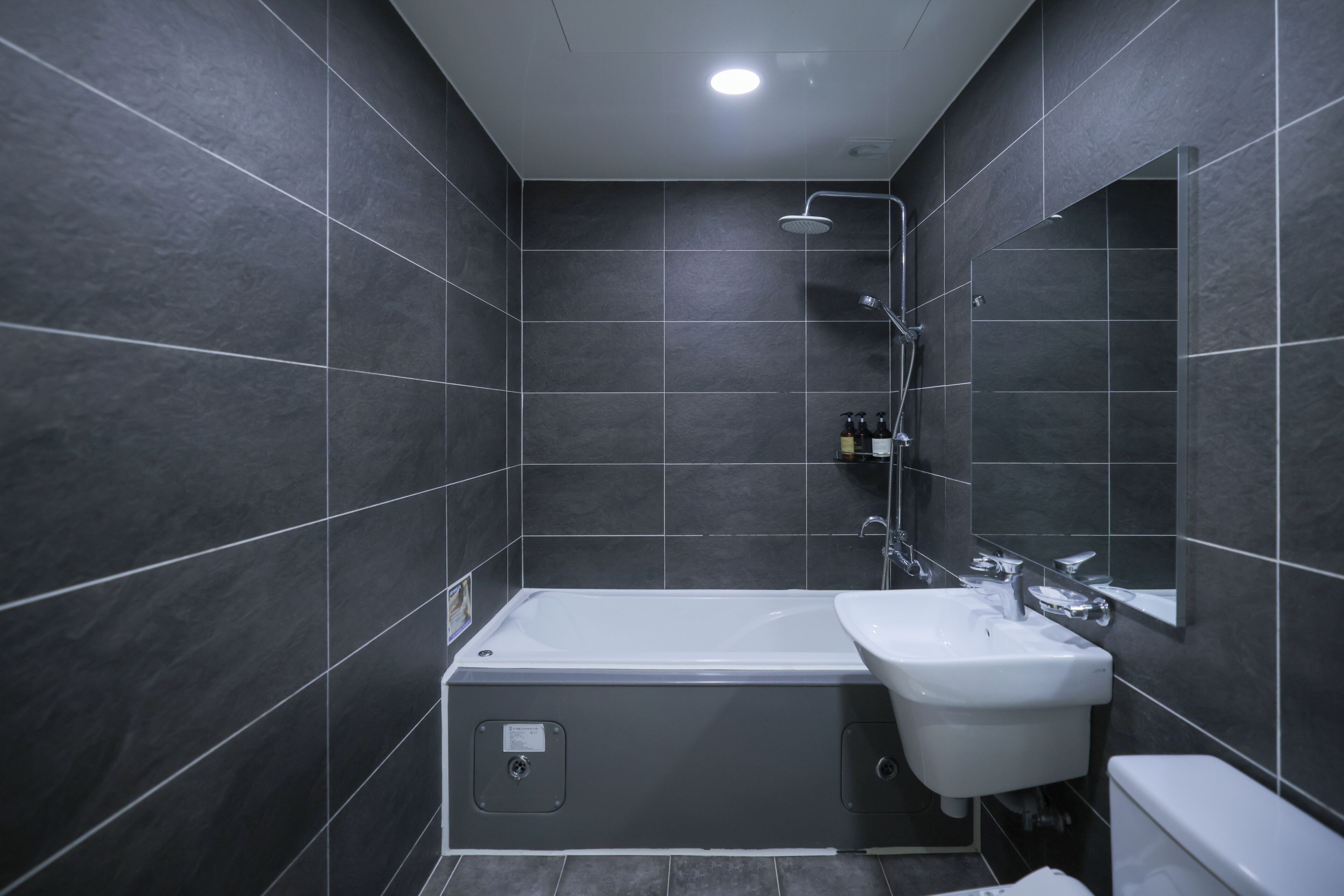 A modern bathroom with dark tiles, a bathtub, a sink, and a shower.