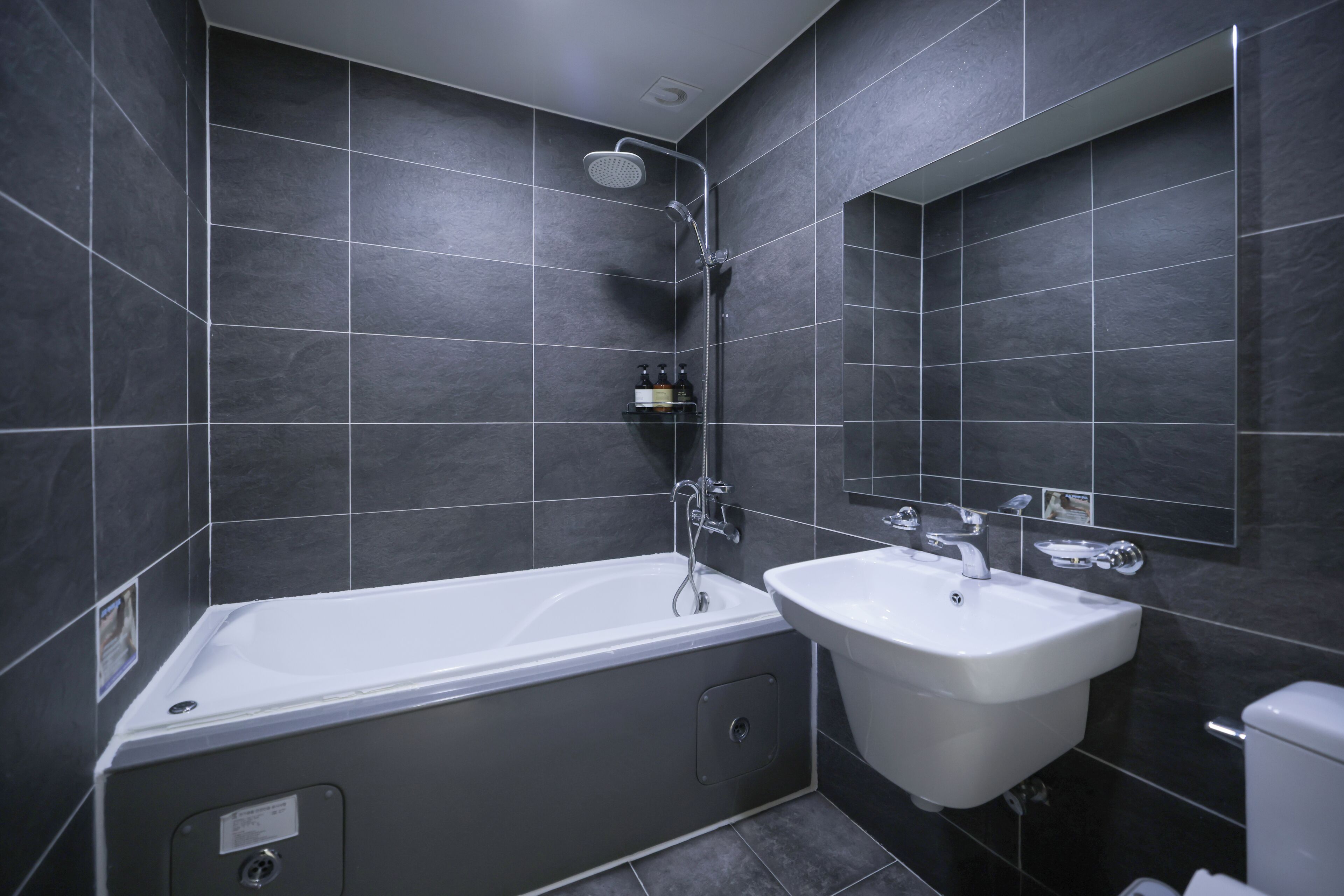 Un baño moderno con bañera, lavamanos y ducha.