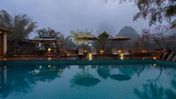 Indoor pool, outdoor pool, open 8:00 AM to 7:30 PM, pool umbrellas