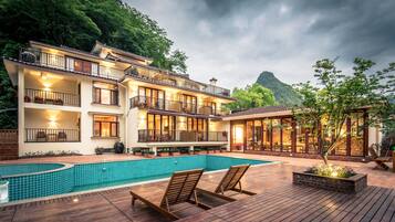 Indoor pool, outdoor pool, open 8:00 AM to 7:30 PM, pool umbrellas