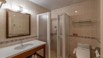 A bathroom with a white sink, a mirror, a shower enclosure, and a toilet.